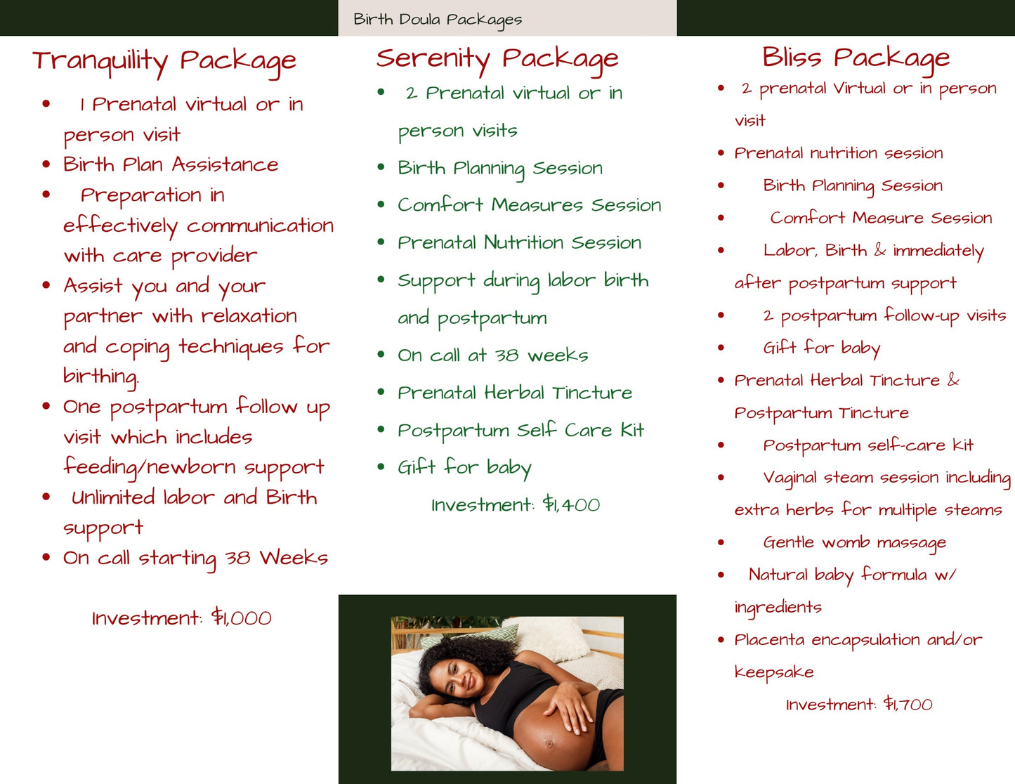 Doula birth package descriptions for pregnant woman